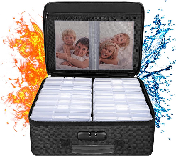 ENGPOW Fireproof Photo Storage Box with 16 Inner Photo Cases - Collapsible Portable Organizer with Lock and Handle