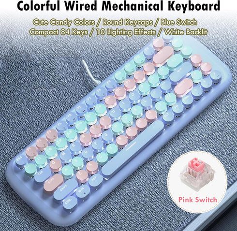 Lomiluskr Cute Colorful Wired Mechanical Keyboard for Girls, Compact 84 Keys with Round Keycaps, Pink Switch