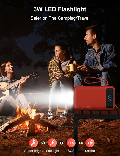 Nusyddy 27000mAh 22.5W Pack Portable Charger, Fast Charging Power Bank with Built-in Cable, USB C Battery with LED