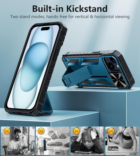 FNTCASE iPhone 15 Heavy Duty Phone Case: Military Grade, Dropproof, Kickstand, Textured Bumper, Rugged Protector (Blue)