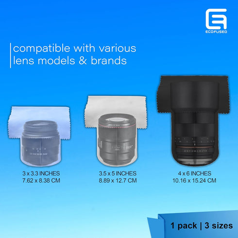 Eco-Fused Camera Lens Pouches - Microfiber Lens Cloth Bag - 4 Pack - Soft Camera Wraps for Multi-Sized Lenses and Accessories - Camera Bag Inserts - Home Travel Photography (Black/Gray/Blue)
