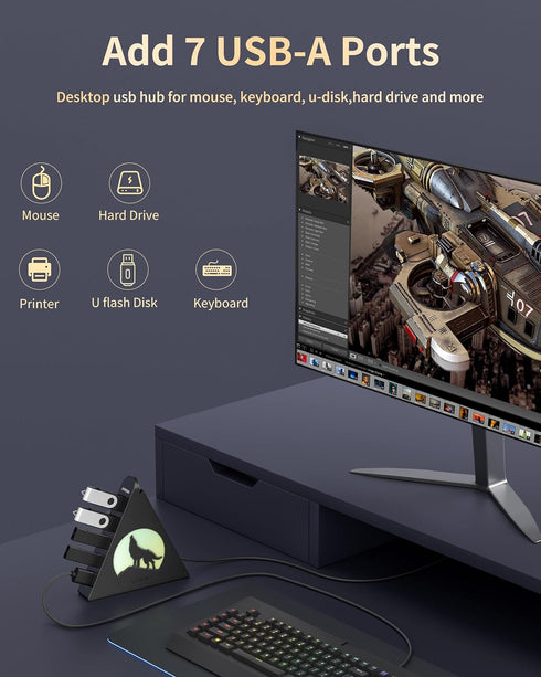 JoyReken 7-Port 3.0 Lighting,5Gbps 2FT PS5, USB Hub, Vertical USB Hub Splitter with RGB High-Speed Data Transfer