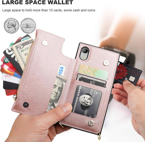 Bocasal Crossbody Wallet Case for iPhone Xr - Zipper Card Slot Protector with Removable Strap (Rose Gold)
