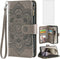Asuwish Wallet Case for Samsung Galaxy S24 Ultra 5G - Grey, with Tempered Glass Protector & Flower Flip Card Holder.