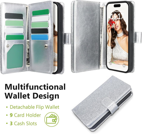 Varikke iPhone 13 Wallet Case, Detachable Card Holder for Women Girls, Glitter PU Leather Flip Cover