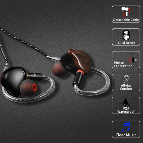 in Ear Monitor Headphones, HiFi Stereo IEM Earphones, Dynamic Dual Driver Wired Earbuds with Detachable Cable, Noise Canceling Headset for Singers Musicians Drummers Audiophile (Wood Grain)