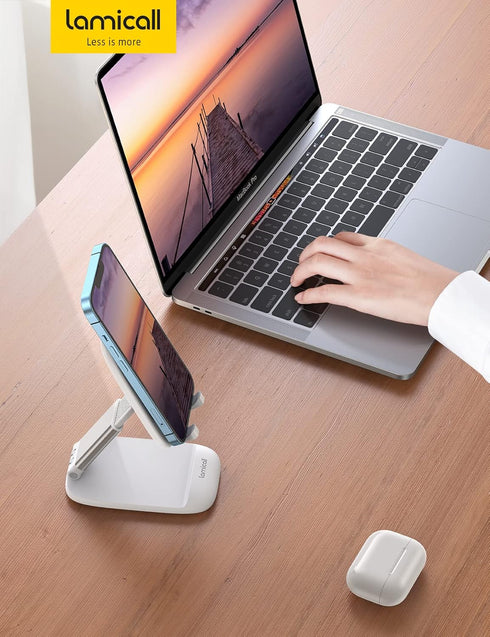Lamicall Foldable Phone Stand for Desk, Height Adjustable Cell Phone Holder, Portable Cradle for iPhone 13 Pro Max