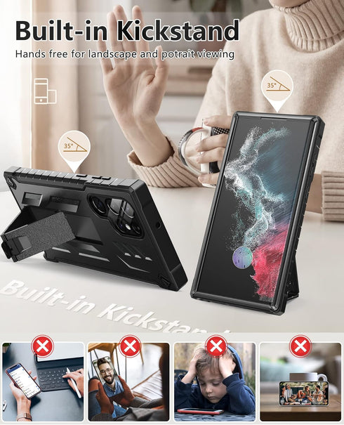 FNTCASE Samsung Galaxy S22 Ultra Case: Heavy Duty, Rugged, Dual Layer, Built-in Screen Protector & Kickstand, 5G-Black.