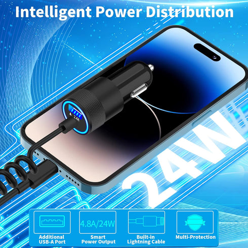 ?MFi Certified?Caiinei iPhone Fast Car Charger, 4.8A Dual USB Power Car Charger with 6FT Coiled Lightning Cable for