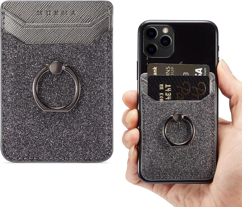 LUVI Phone Card Holder Wallet with Ring Stand, RFID Blocking Glitter PU Leather Sticky Wallet for Phones