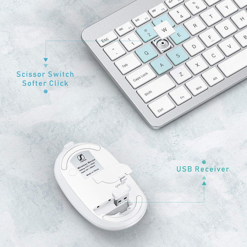 Seenda Rechargeable Wireless Keyboard Mouse Combo, Full Size Cordless Keyboard & Mouse Set, Ultra Thin Quiet, Silver
