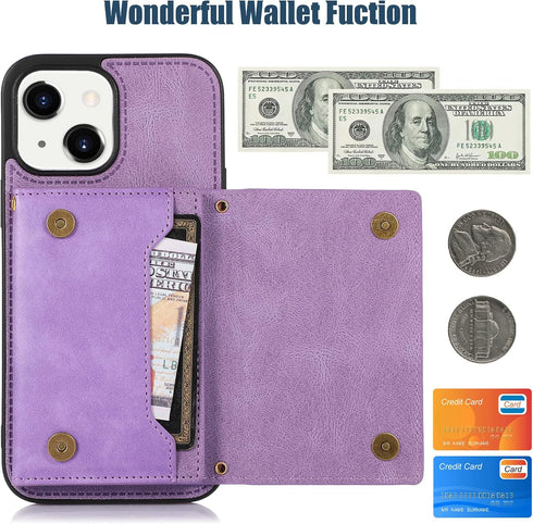 Asuwish iPhone 13 Case: 6.1" Wallet Cover, Card Holder, Tempered Glass Protector, Leather Bling, Purple for Women.