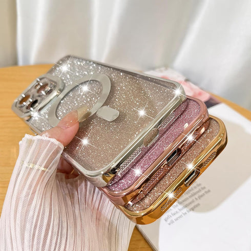 Fiyart iPhone 15 Pro Max Case - Gold Magnetic Glitter, Clear Love Heart Plating, Shockproof, MagSafe Compatible, 6.7"