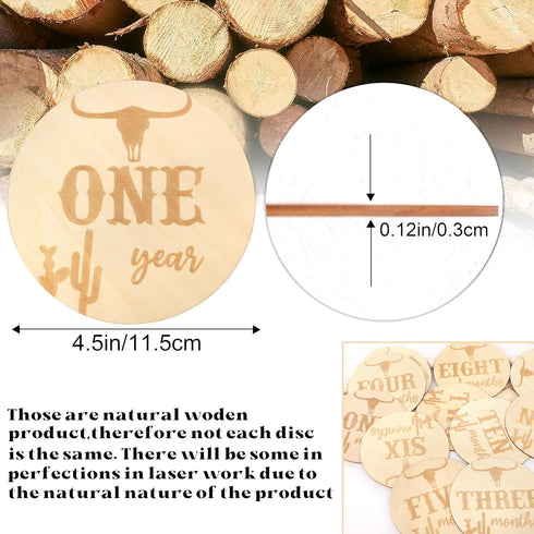 LINLULU Set, Wooden Western Baby Monthly Milestone Cards - Cow Monthly Milestone Marker Newborn Photography Props