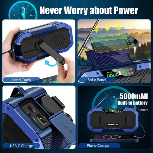 Portable NOAA AM FM Bluetooth Emergency Weather Radio, Hand Crank Solar, 5000mAh Battery, Waterproof, Flashlight, Phone