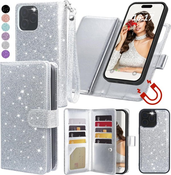 Varikke for iPhone 13 Pro Wallet Case, Detachable with Card Holder for Women, Fashion Glitter PU Leather Strap Magnetic