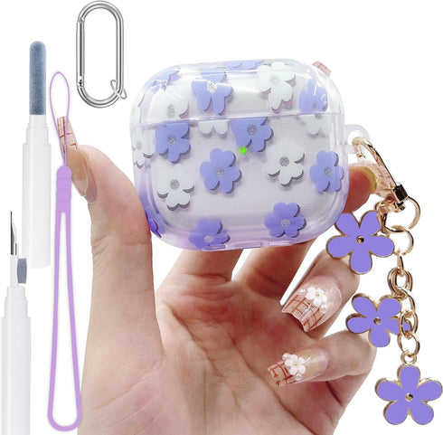 Purple Floral Case for AirPods 3rd Generation, 5 in 1 Kit with Cute Flower Pendant, Cleaning Pen, Wrist Strap