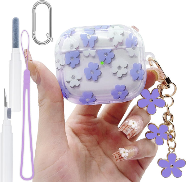 Purple Floral Case for AirPods 3rd Generation, 5 in 1 Kit with Cute Flower Pendant, Cleaning Pen, Wrist Strap
