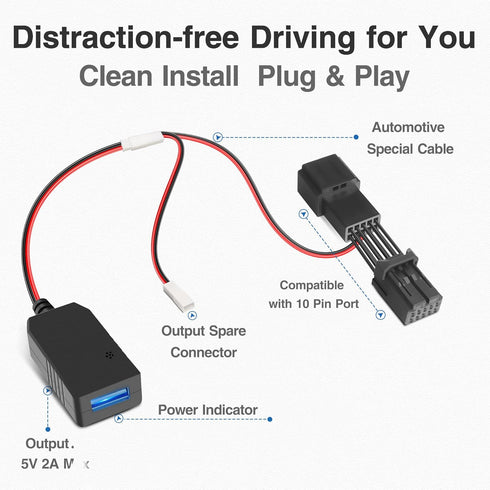 YQMAJIM Dashcam Power Adapter - Compatible with Toyota, Infiniti, Subaru, Nissan, Built-in Hide USB to GPS Radar
