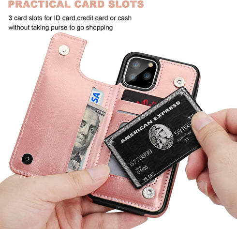 OT ONETOP Wallet Case for iPhone 11 Pro with Card Holder - PU Leather Kickstand, Double Magnetic Clasp, Rose Gold