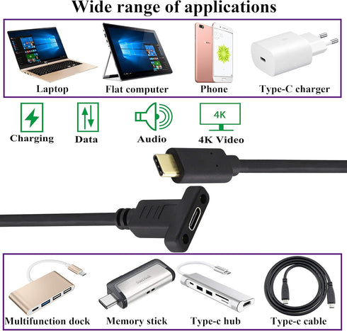 USB Type C 3.1 Panel Mount Adapter Cable - USB-C 3.1 Gen2 10Gbps Male to USB C Female Panel Mount Screw Cable, Supports