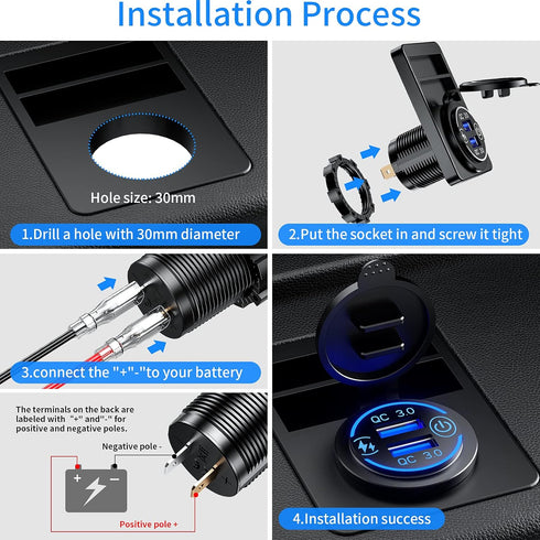 Kewig Quick Charge 3.0 Dual USB Charger Socket, Waterproof 36W, Fast Charge with Touch Switch & Blue LED DIY Kit