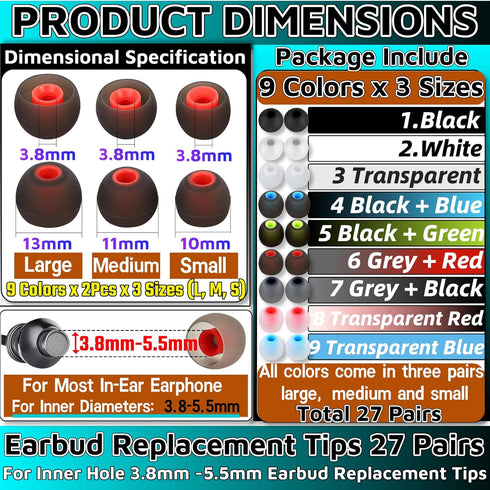 HuGuWdy 54Pcs 3.8mm -5.1mm) 27 Earbud Replacement TipsEar Bud Rubber Tips Silicone Earbud Tips Earbud Covers Silicone