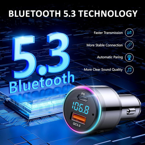 LENCENT Bluetooth 5.3 FM Transmitter, Full Metal Car Adapter with PD 20W & QC3.0 Fast Charger