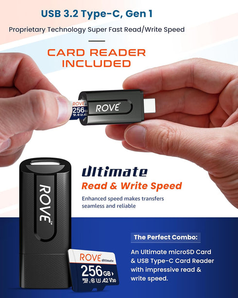 ROVE Ultimate 256GB Micro SD Card with USB 3.2 Type C Card Reader, 170MB/s for Dash Cam, Android Devices