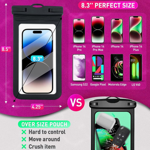 Waterproof Phone Pouch Floating, Waterproof Phone Case, Transparent PVC, 2 Pack, Phone Protector for iPhone 15 14 13 12 11 Pro Max Plus XS XR X 8 Galaxy S23 S22 S21 S20 (Black & Black)