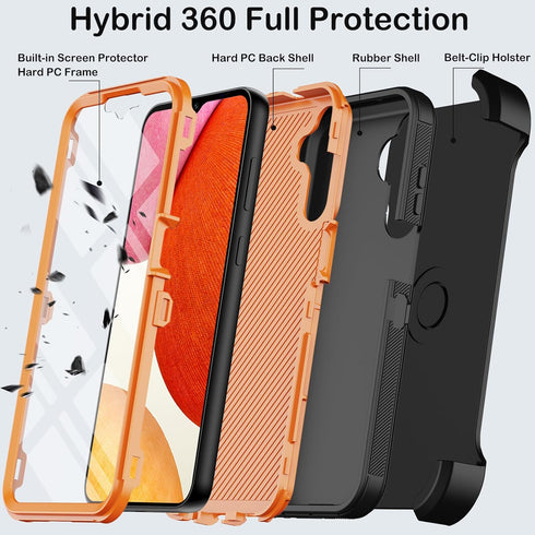Samsung Galaxy A14 5G Case with Belt Clip Holster, Black/Orange, Built-in Screen Protector & Kickstand, Military Grade