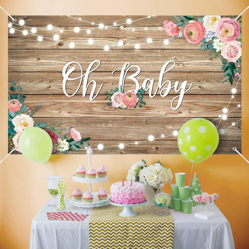 Rustic Wood Baby Shower Backdrop Banner Oh Baby Floral Decorations for Girls and Boys Birthday Party Supplies