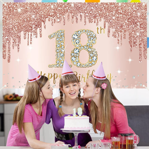 Sweet 18th Birthday Banner Backdrop Decorations for Girls, Rose Gold 18 Birthday Party Sign Supplies, Pink 18 Years Old