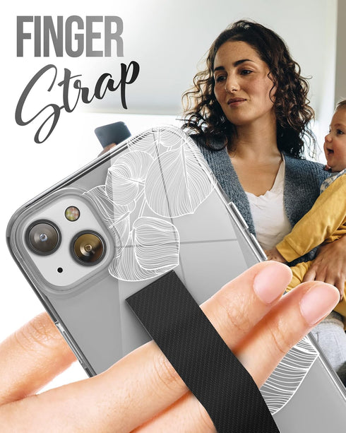 ENCASED iPhone 14 Finger Loop Case with Strap Grip & Screen Protector - Clear/White Lace Leaf Design
