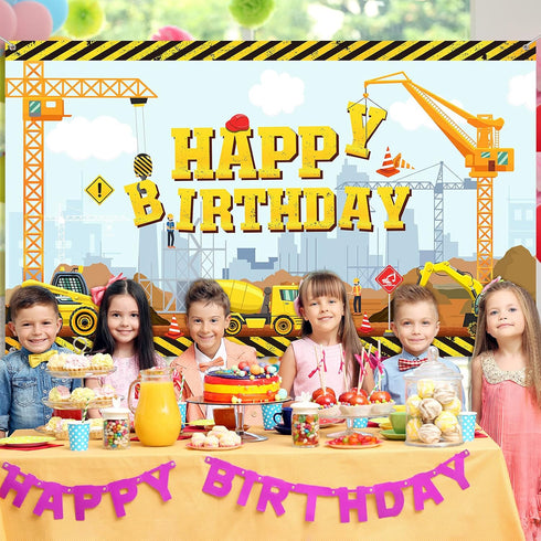 Irenare Happy Birthday Backdrop Dump Truck Excavator Crane Banner Photography Studio Props Cake Table Decorations