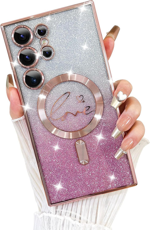 Fiyart Love Heart Plating Clear Case for Samsung Galaxy S24 Ultra, Pink