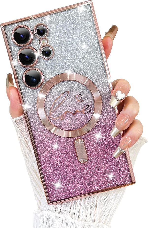 Fiyart Love Heart Plating Clear Case for Samsung Galaxy S24 Ultra, Pink