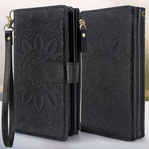 Harryshell Floral Leather Case Wallet with Detachable Magnetic Zipper, Cash Pocket, 12 Card Slots, Wrist Strap for