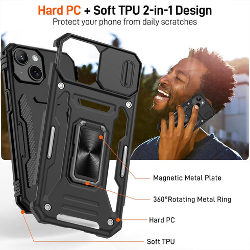 Gritup 15 2-Pack 360 for iPhone Case with Slide Camera Cover | HD Screen Protectors | Rotating Metal Kickstand |