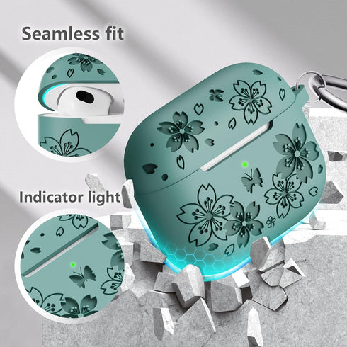 Silicone Case for AirPods 3rd Generation with Butterfly Flowers Engraved Design, Cleaner Kit & Keychain, Green