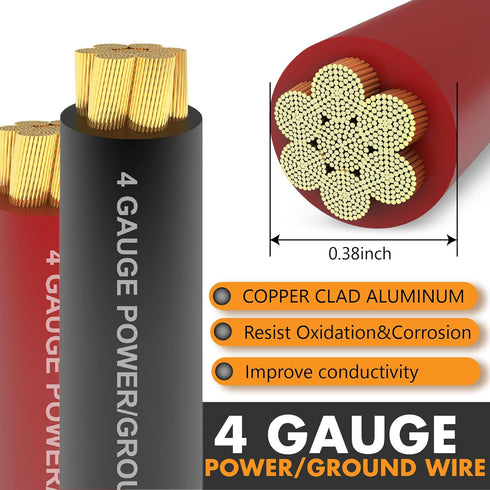 Jeemiter 4 Gauge Wire, 50ft Copper Clad Aluminum, Primary Automotive Wire, Battery Cable with Lugs Terminal Connectors
