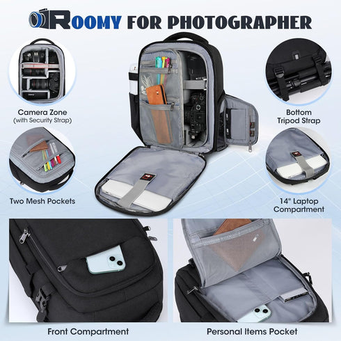 RAINSMORE Camera Backpack for Photographers, DSLR SLR Cases with Waterproof Rain Cover & Laptop Compartment