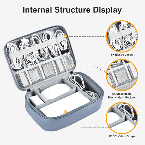 Large Capacity Electronics Accessories Organizer Case, Waterproof Leather Cord Organizer with Adjustable Divider