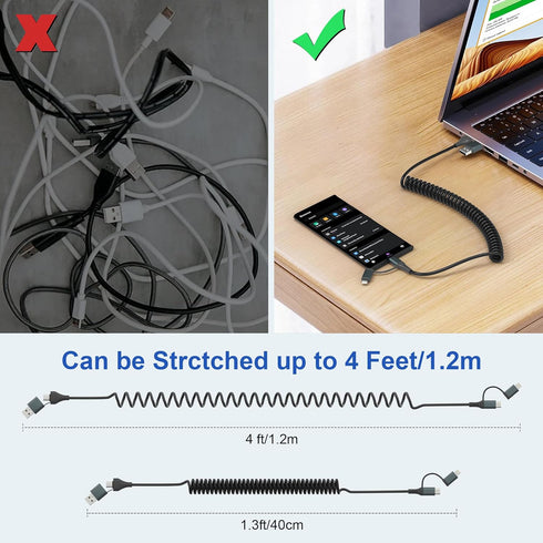 USB-C and Lightning Cable 4 in 1 Combo - MFi Certified Coiled iPhone Charger Cord for Apple Carplay & Android Auto