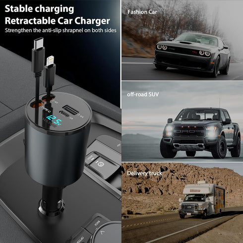 Multi Retractable Car Charger, 4 in 1 Fast Charger 100W with 2.6FT Cables for iPhone & Samsung Galaxy Devices