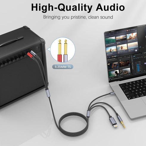 USB C 3.5mm and Lightning to Dual 6.35mm 1/4" TS Mono Stereo Y-Cable, 3 in 1 Dual 1/4 inch Audio Cable for iPhone