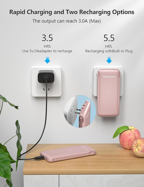 Portable Charger Power Bank 10,000mAh with Built-in Cable and AC Wall Plug, Slim Mini Fast USB-C Charger for Smartphones
