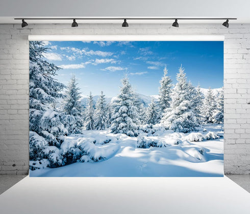 BELECO 5x3ft Fabric Winter Snow Forest Backdrop, Majestic White Xmas Tree Scene for Christmas New Year Event
