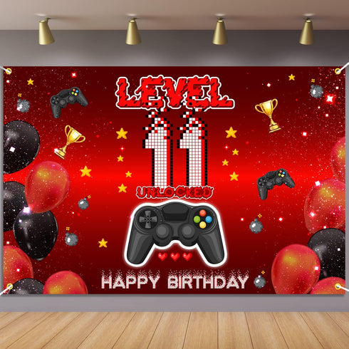 Level 11 Unlocked Backdrop Banner Decorations - Video Game Happy 11th Birthday for Boys Kids, Red and Black Level Up