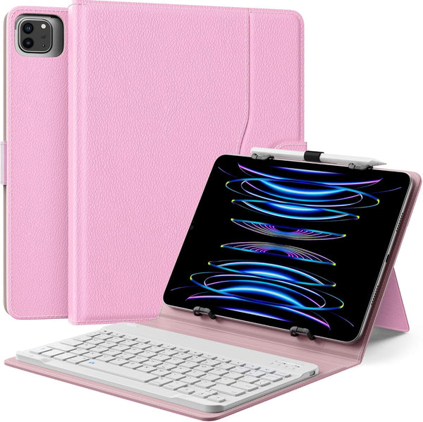 MoKo Universal Tablet Case with Keyboard for 9", 9.7", 10.1", 10.2", 10.4", 10.5", 10.9", 11" Tablets, Pink